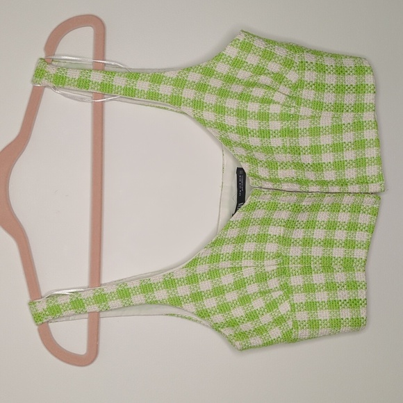 Zara Corset Style  Crop Gingham Tweed Green and White Top Size Medium - Picture 2 of 11